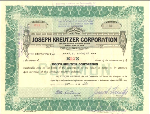 Kreutzer Stock Certificate